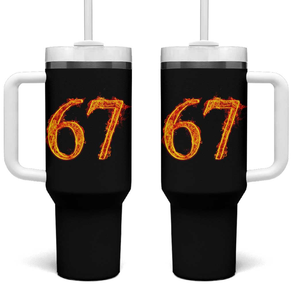 Fire Flame Number 67 Tumbler With Handle Funny Six Seven Gen Alpha Slang Meme Sports Team Jersey - Wonder Print Shop