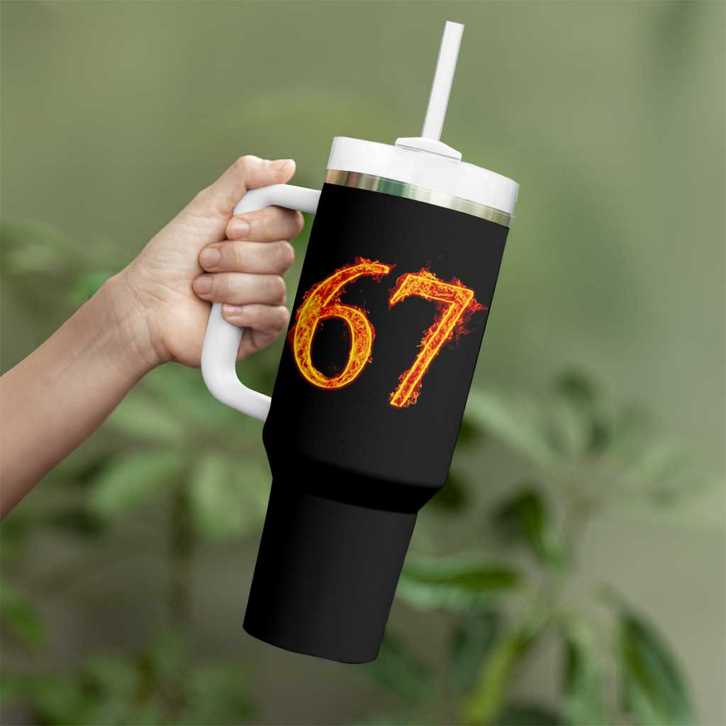 Fire Flame Number 67 Tumbler With Handle Funny Six Seven Gen Alpha Slang Meme Sports Team Jersey - Wonder Print Shop