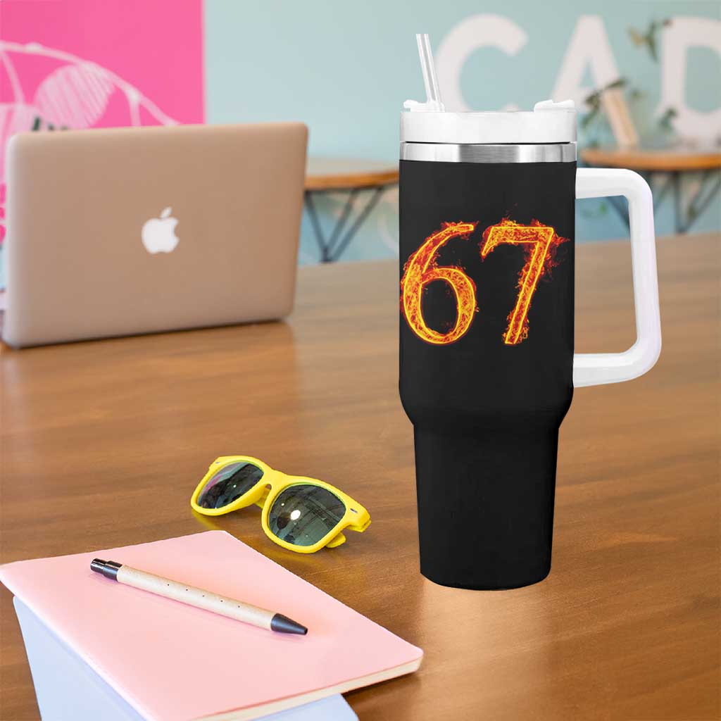 Fire Flame Number 67 Tumbler With Handle Funny Six Seven Gen Alpha Slang Meme Sports Team Jersey - Wonder Print Shop