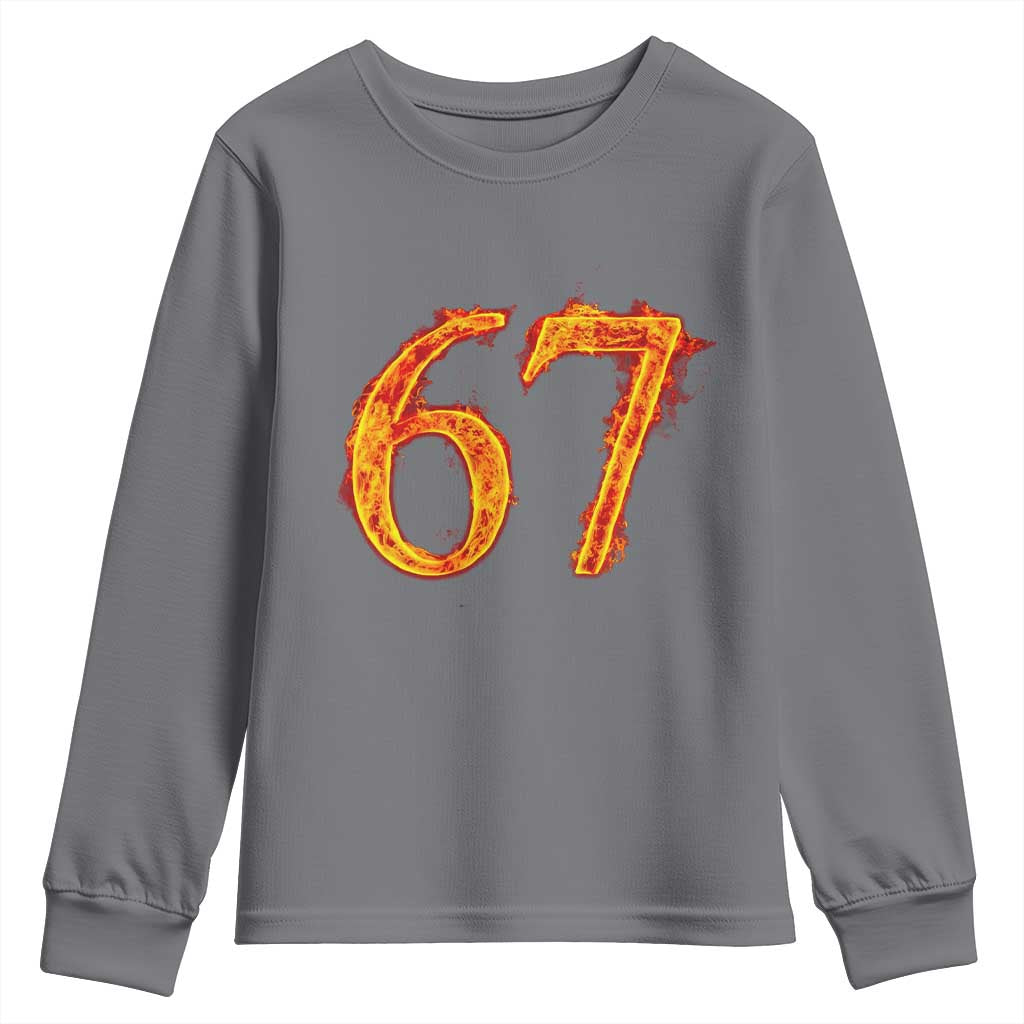 Fire Flame Number 67 Youth Sweatshirt Funny Six Seven Gen Alpha Slang Meme Sports Team Jersey - Wonder Print Shop