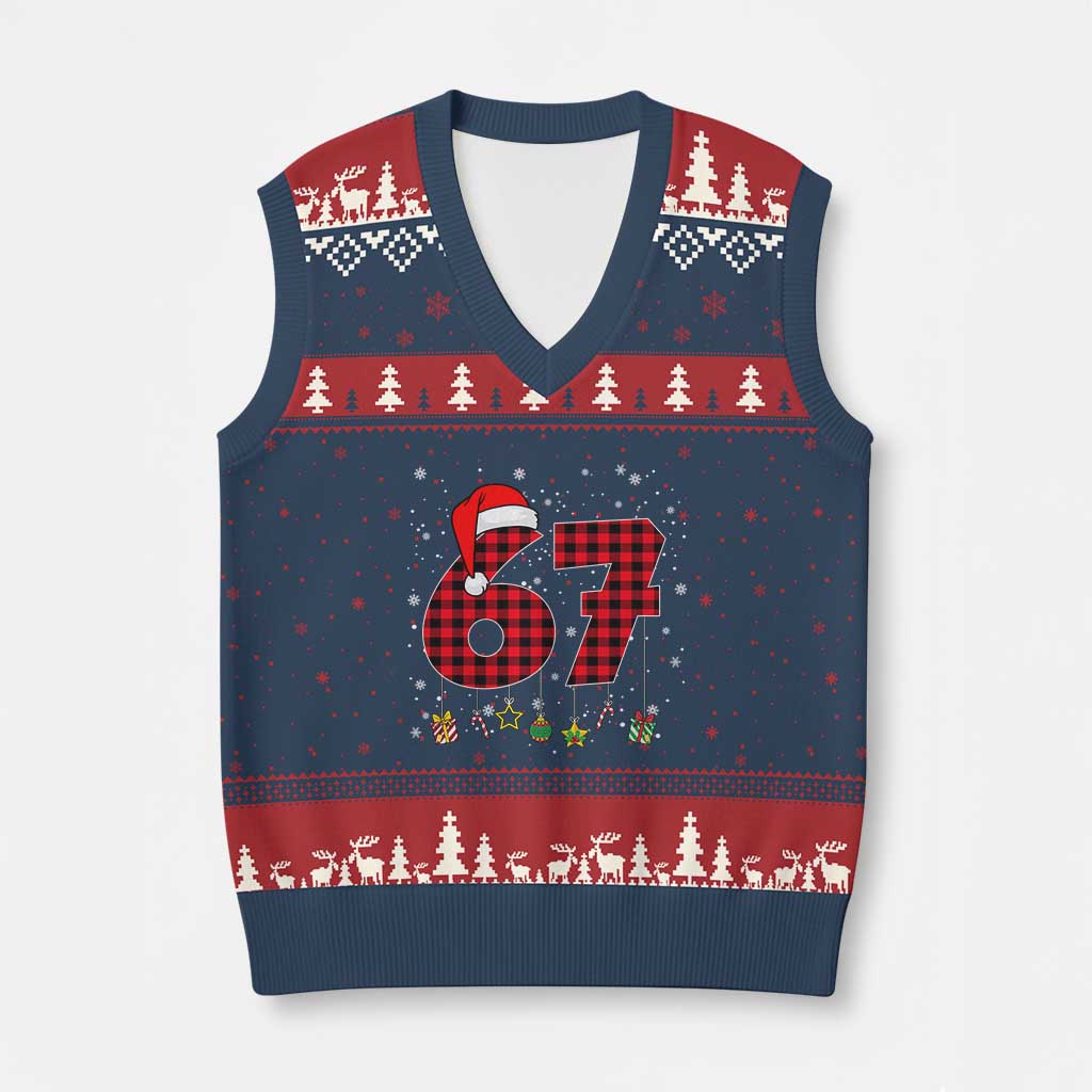 67 Xmas V-Neck Knit Sweater Vest Funny Six Seven 6 7 Meme Gen Alpha Slang - Wonder Print Shop