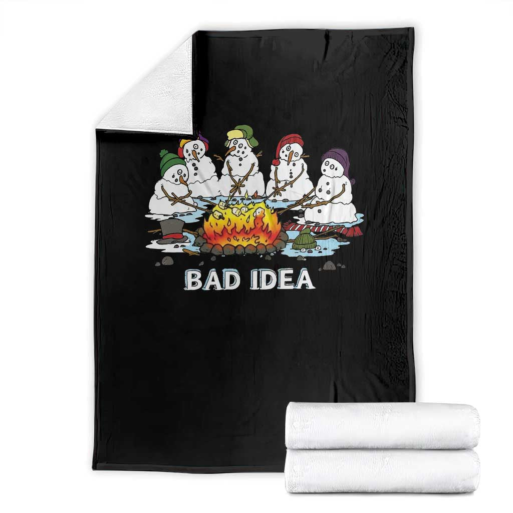 Christmas Snowman Campfire Throw Blanket Bad Idea Melting Snowman Family Roasting Marshmallows - Wonder Print Shop