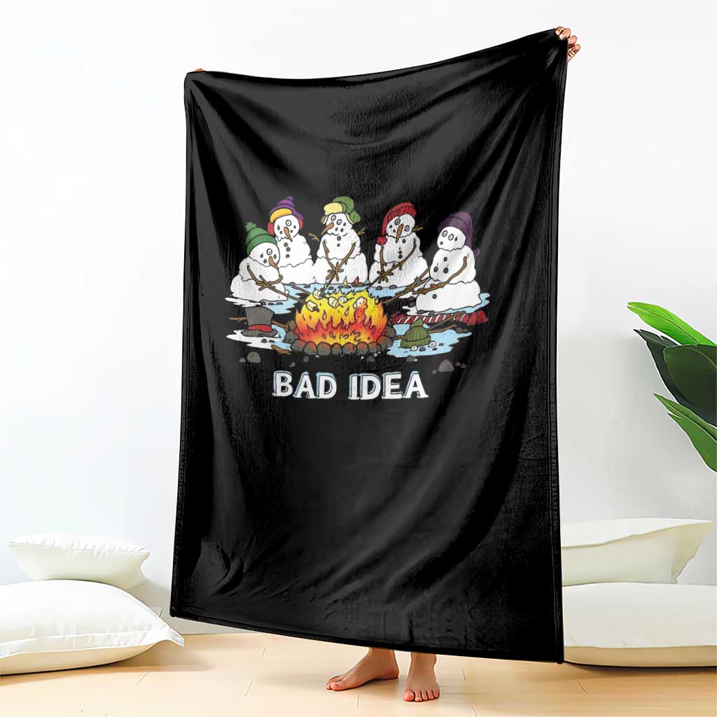 Christmas Snowman Campfire Throw Blanket Bad Idea Melting Snowman Family Roasting Marshmallows - Wonder Print Shop