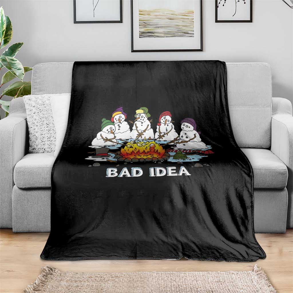 Christmas Snowman Campfire Throw Blanket Bad Idea Melting Snowman Family Roasting Marshmallows - Wonder Print Shop