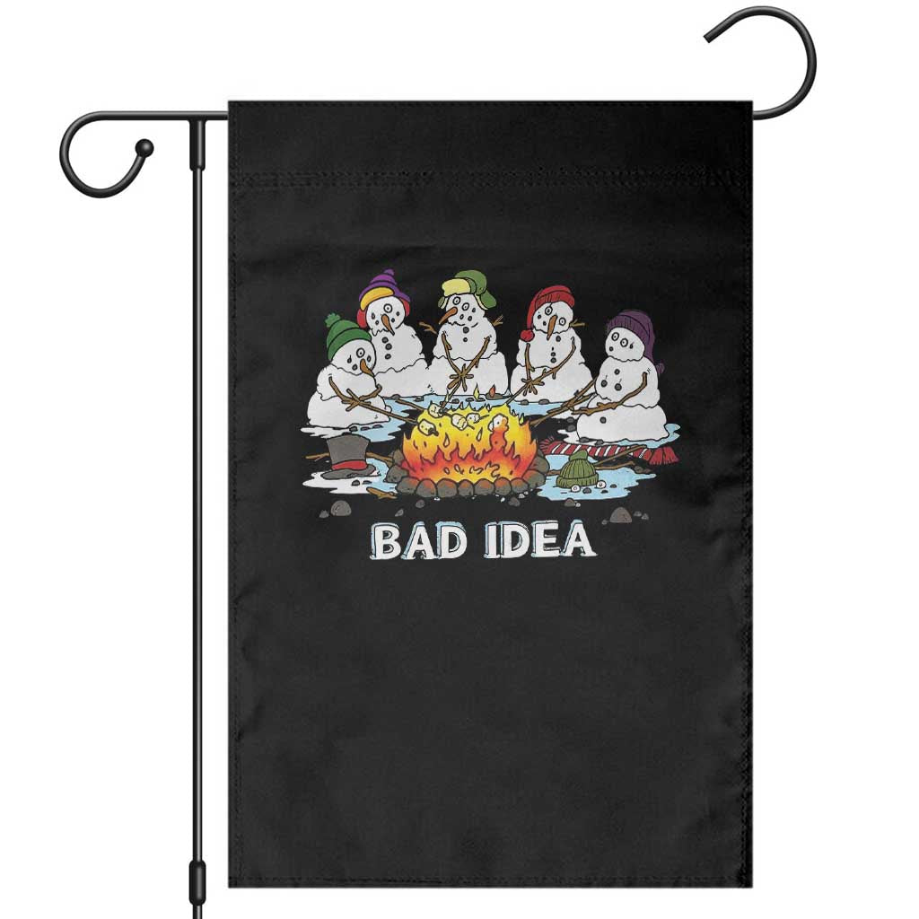 Christmas Snowman Campfire Garden Flag Bad Idea Melting Snowman Family Roasting Marshmallows - Wonder Print Shop