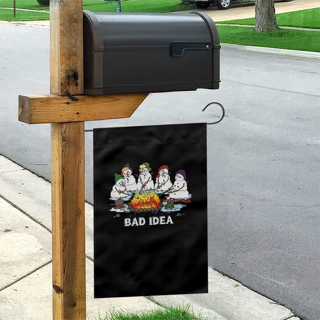 Christmas Snowman Campfire Garden Flag Bad Idea Melting Snowman Family Roasting Marshmallows - Wonder Print Shop