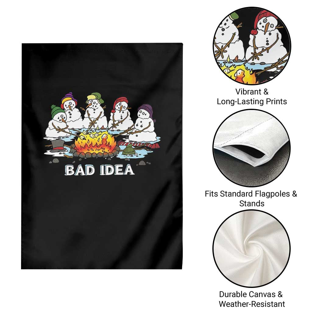 Christmas Snowman Campfire Garden Flag Bad Idea Melting Snowman Family Roasting Marshmallows - Wonder Print Shop