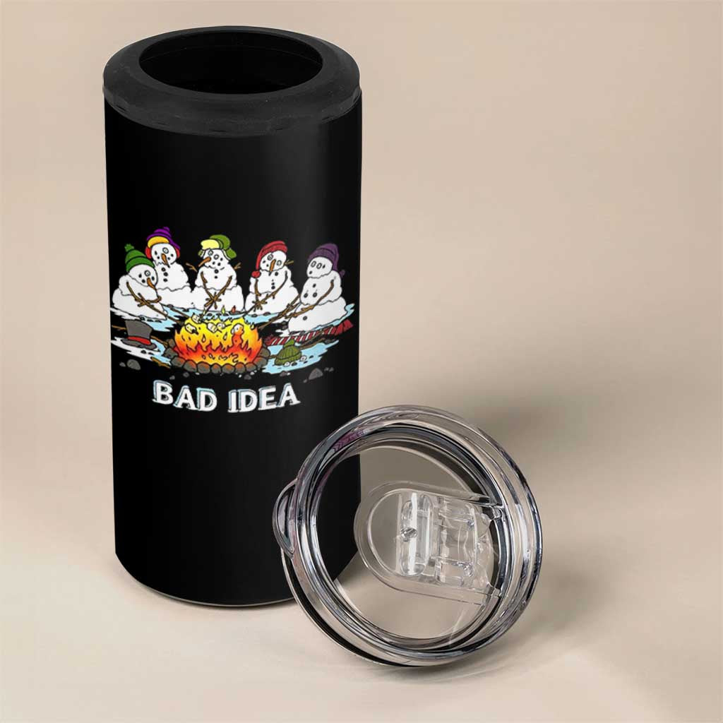 Christmas Snowman Campfire 4 in 1 Can Cooler Tumbler Bad Idea Melting Snowman Family Roasting Marshmallows - Wonder Print Shop