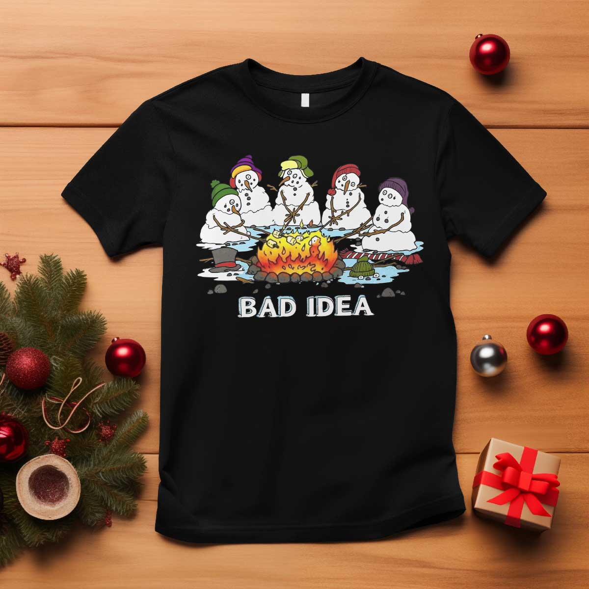 Christmas Snowman Campfire T Shirt Bad Idea Melting Snowman Family Roasting Marshmallows - Wonder Print Shop