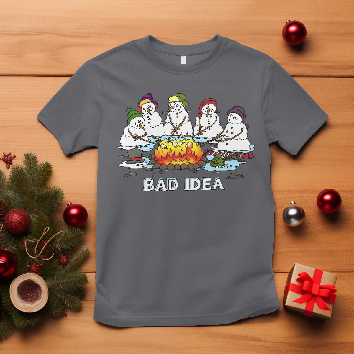 Christmas Snowman Campfire T Shirt Bad Idea Melting Snowman Family Roasting Marshmallows - Wonder Print Shop