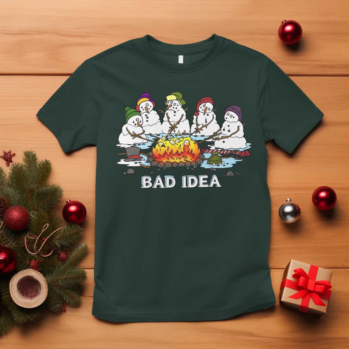 Christmas Snowman Campfire T Shirt Bad Idea Melting Snowman Family Roasting Marshmallows - Wonder Print Shop