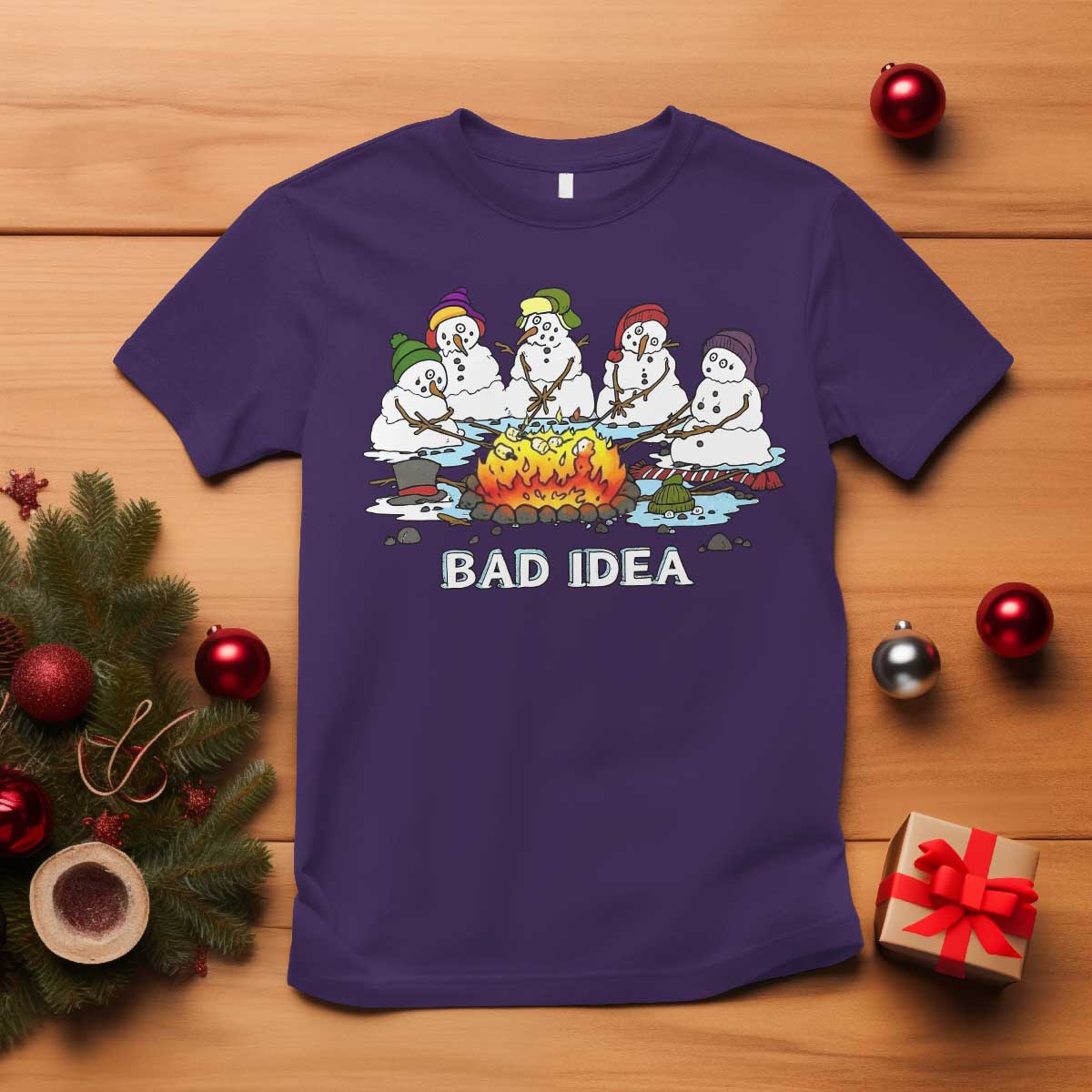 Christmas Snowman Campfire T Shirt Bad Idea Melting Snowman Family Roasting Marshmallows - Wonder Print Shop