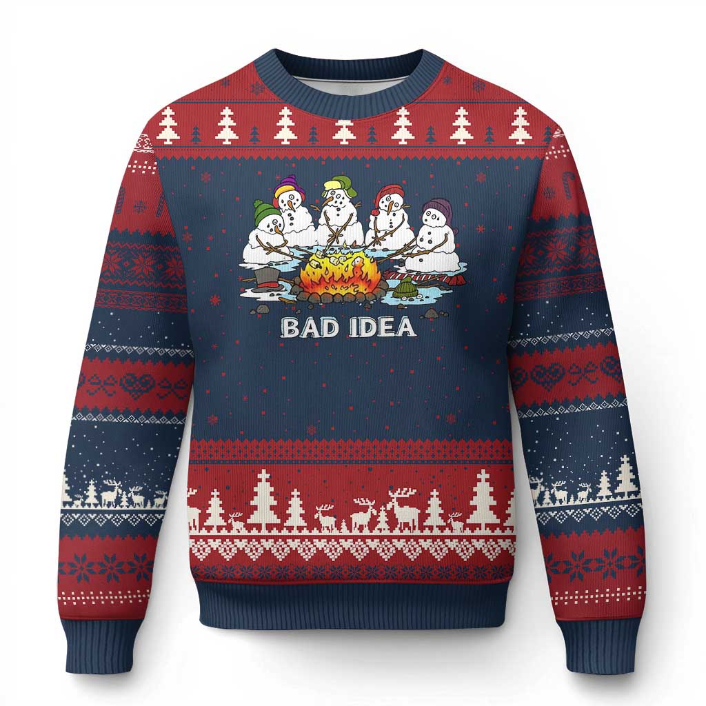 Xmas Snowman Campfire Ugly Christmas Sweater Bad Idea Melting Snowman Family Roasting Marshmallows - Wonder Print Shop