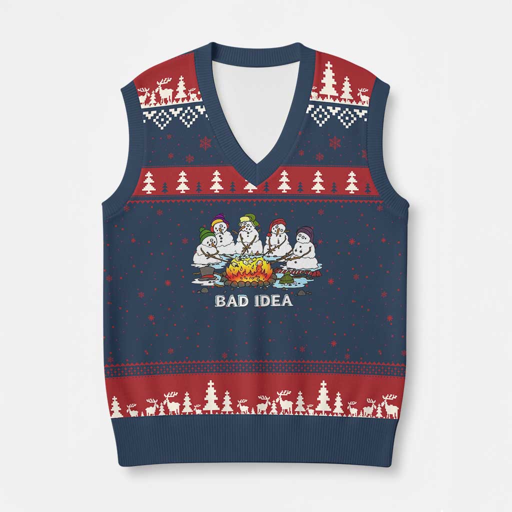 Xmas Snowman Campfire V-Neck Knit Sweater Vest Bad Idea Melting Snowman Family Roasting Marshmallows - Wonder Print Shop