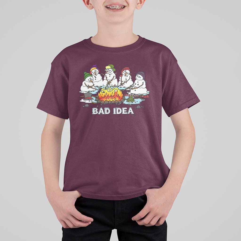 Christmas Snowman Campfire T Shirt For Kid Bad Idea Melting Snowman Family Roasting Marshmallows - Wonder Print Shop