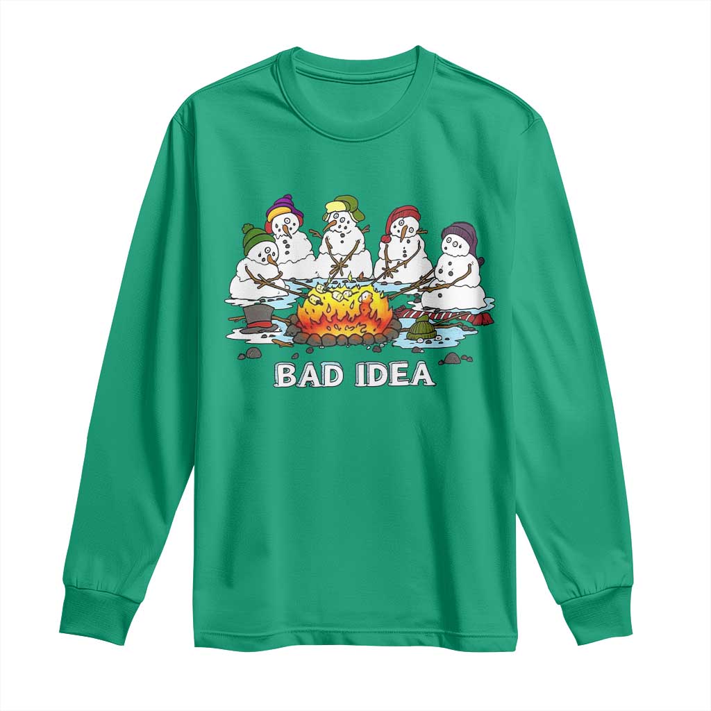 Christmas Snowman Campfire Long Sleeve Shirt Bad Idea Melting Snowman Family Roasting Marshmallows - Wonder Print Shop