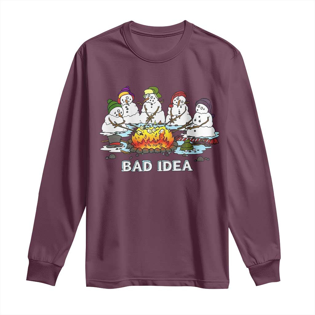 Christmas Snowman Campfire Long Sleeve Shirt Bad Idea Melting Snowman Family Roasting Marshmallows - Wonder Print Shop