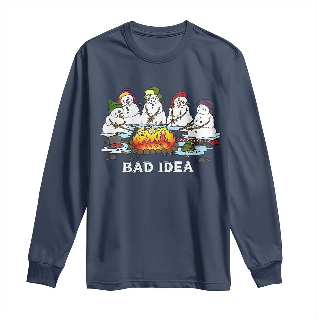Christmas Snowman Campfire Long Sleeve Shirt Bad Idea Melting Snowman Family Roasting Marshmallows - Wonder Print Shop