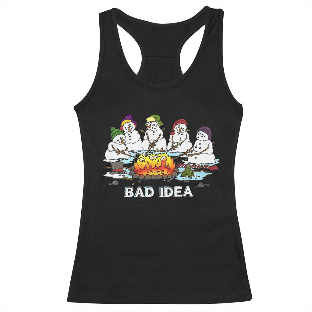 Christmas Snowman Campfire Racerback Tank Top Bad Idea Melting Snowman Family Roasting Marshmallows - Wonder Print Shop