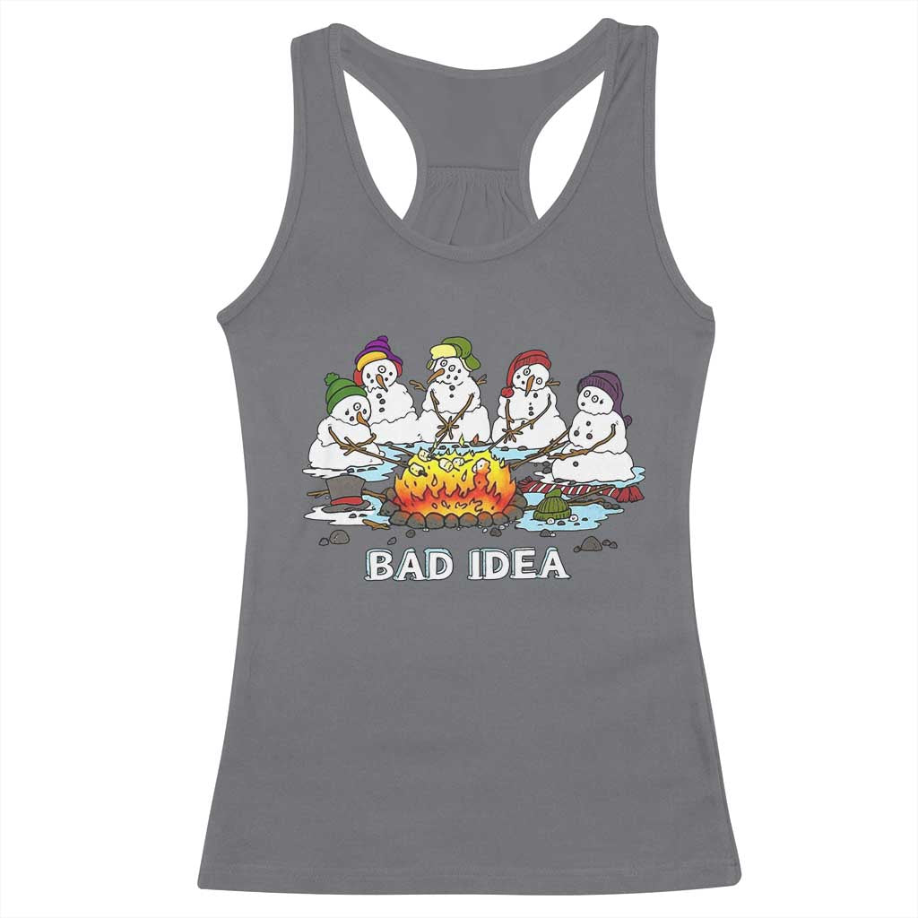 Christmas Snowman Campfire Racerback Tank Top Bad Idea Melting Snowman Family Roasting Marshmallows - Wonder Print Shop