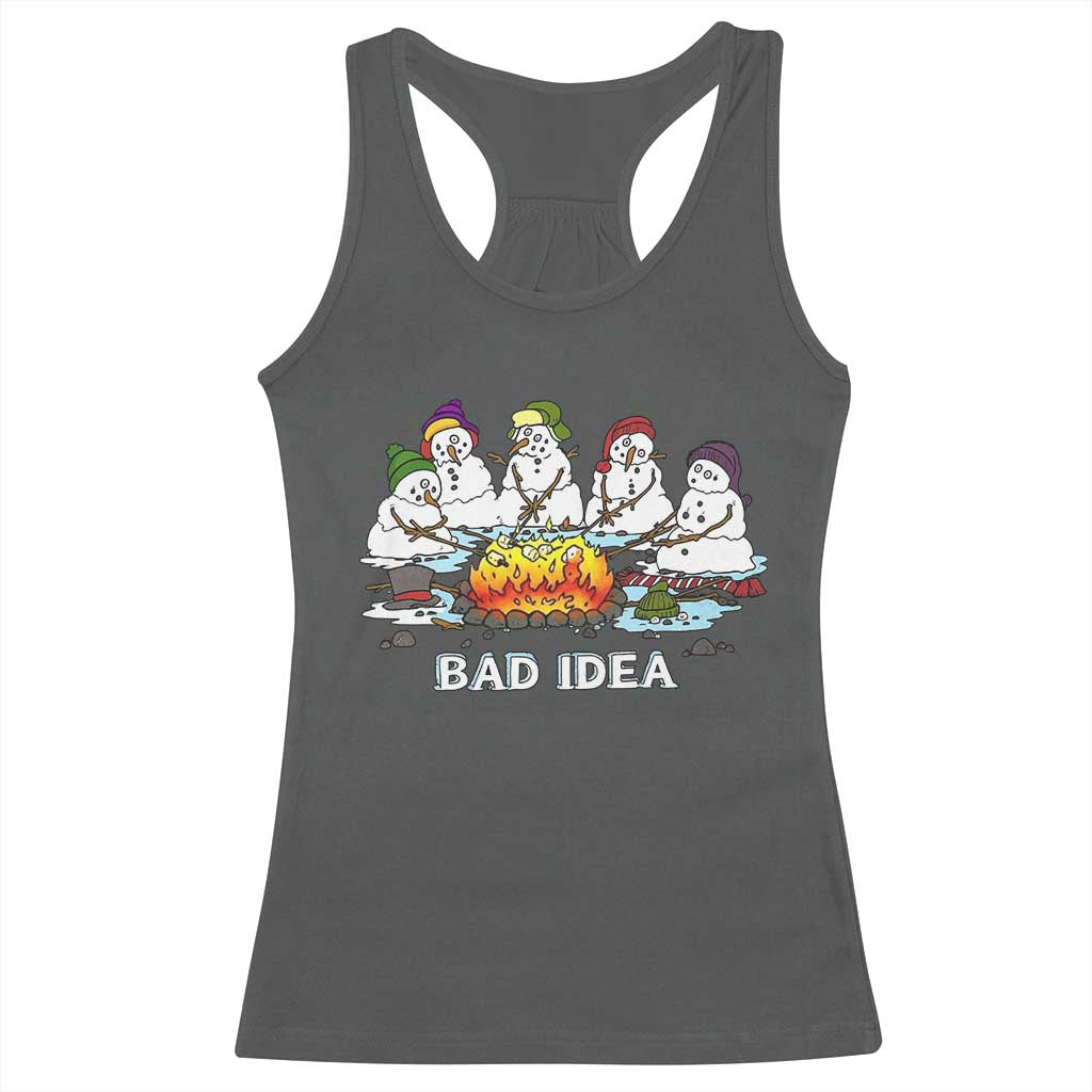 Christmas Snowman Campfire Racerback Tank Top Bad Idea Melting Snowman Family Roasting Marshmallows - Wonder Print Shop