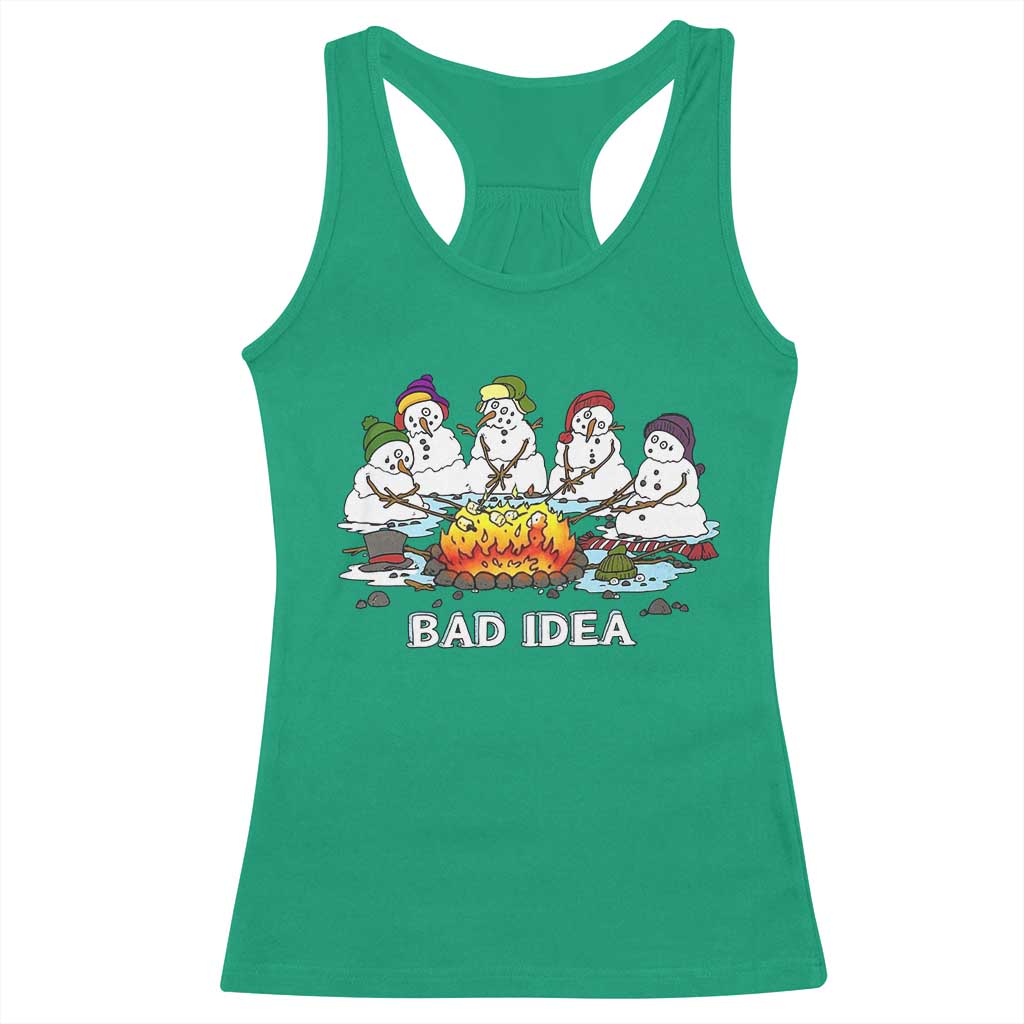 Christmas Snowman Campfire Racerback Tank Top Bad Idea Melting Snowman Family Roasting Marshmallows - Wonder Print Shop