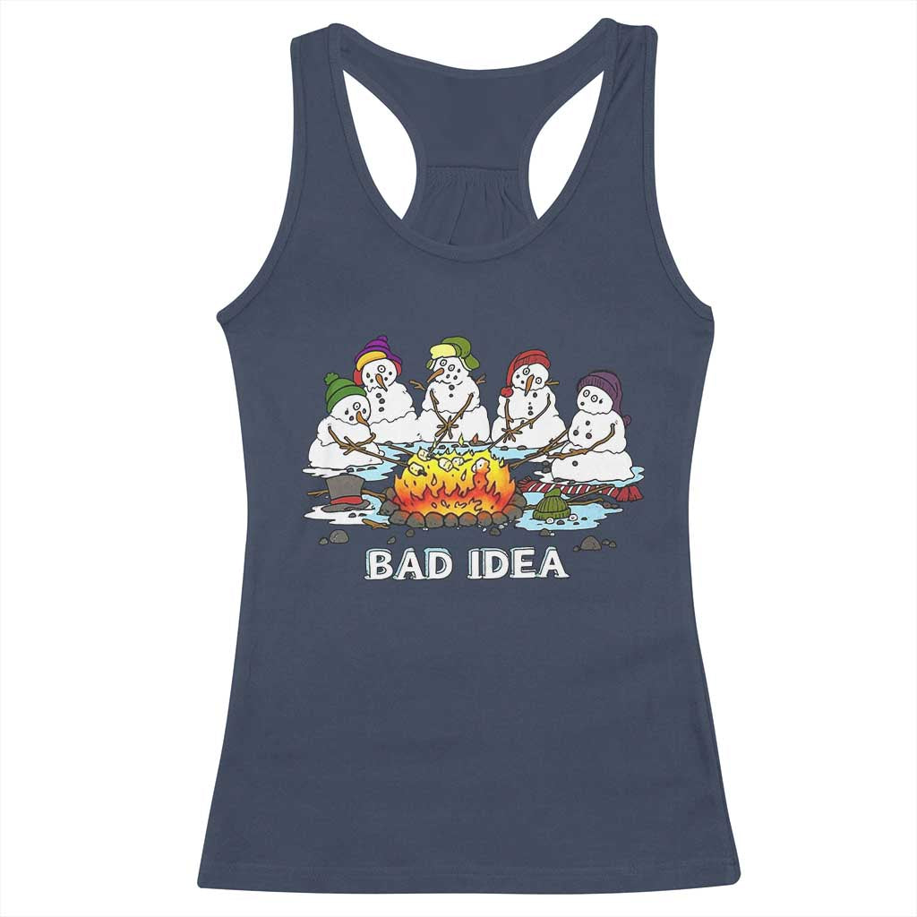 Christmas Snowman Campfire Racerback Tank Top Bad Idea Melting Snowman Family Roasting Marshmallows - Wonder Print Shop