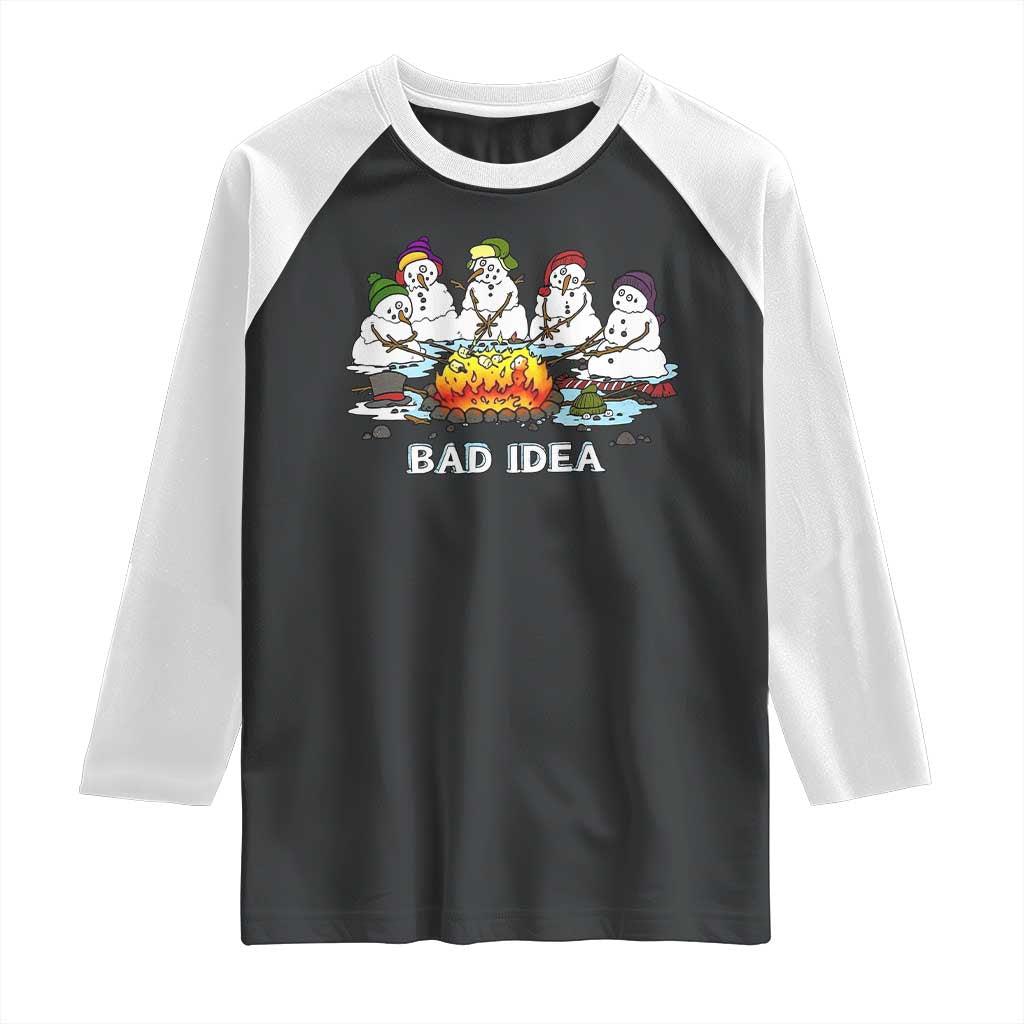 Christmas Snowman Campfire Raglan Shirt Bad Idea Melting Snowman Family Roasting Marshmallows - Wonder Print Shop