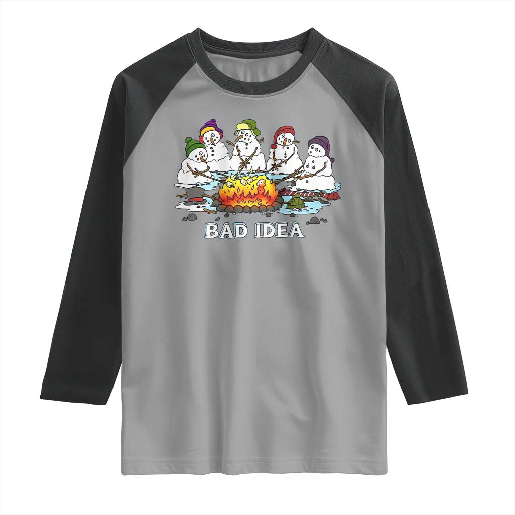 Christmas Snowman Campfire Raglan Shirt Bad Idea Melting Snowman Family Roasting Marshmallows - Wonder Print Shop