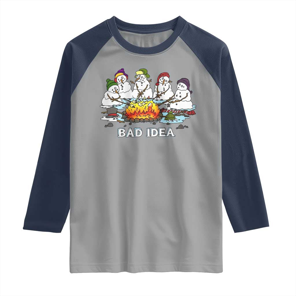 Christmas Snowman Campfire Raglan Shirt Bad Idea Melting Snowman Family Roasting Marshmallows - Wonder Print Shop