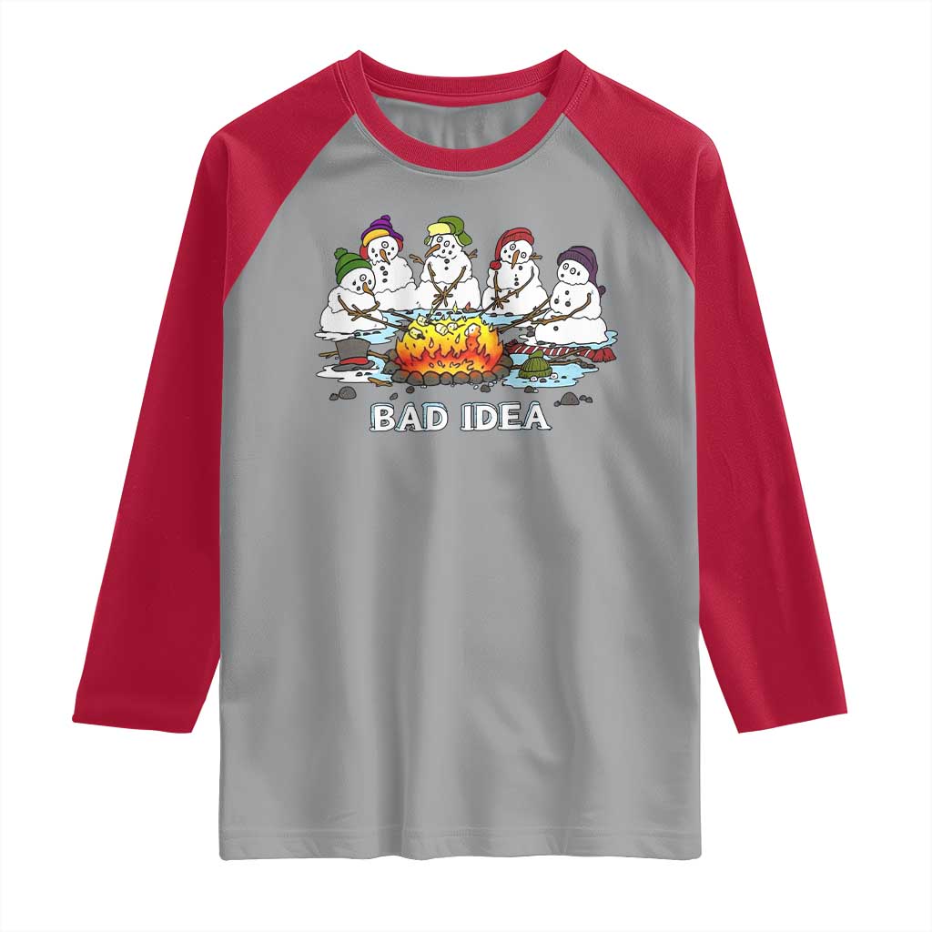 Christmas Snowman Campfire Raglan Shirt Bad Idea Melting Snowman Family Roasting Marshmallows - Wonder Print Shop