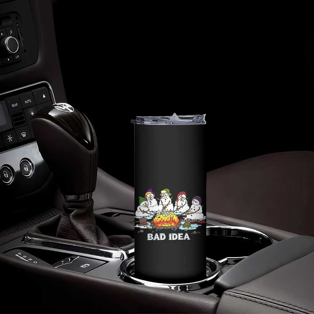 Christmas Snowman Campfire Skinny Tumbler Bad Idea Melting Snowman Family Roasting Marshmallows - Wonder Print Shop
