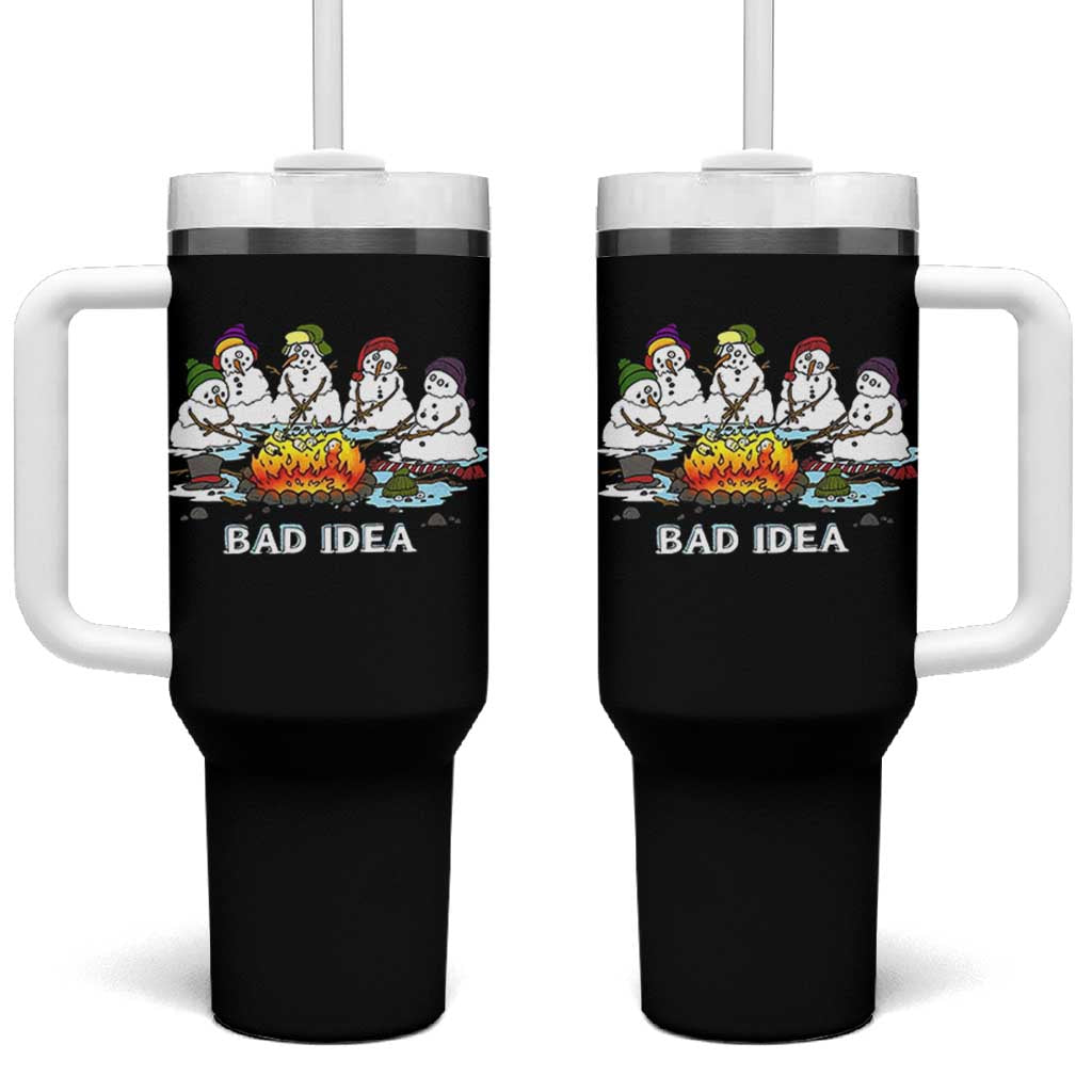 Christmas Snowman Campfire Tumbler With Handle Bad Idea Melting Snowman Family Roasting Marshmallows - Wonder Print Shop