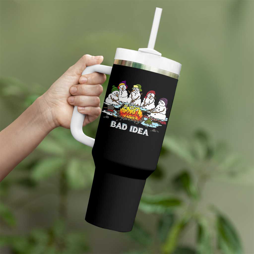 Christmas Snowman Campfire Tumbler With Handle Bad Idea Melting Snowman Family Roasting Marshmallows - Wonder Print Shop