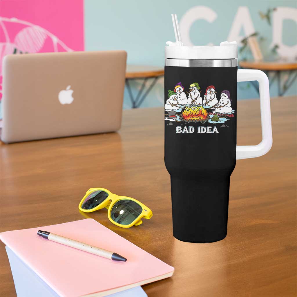 Christmas Snowman Campfire Tumbler With Handle Bad Idea Melting Snowman Family Roasting Marshmallows - Wonder Print Shop