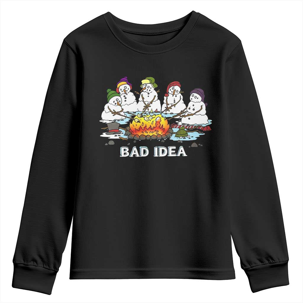 Christmas Snowman Campfire Youth Sweatshirt Bad Idea Melting Snowman Family Roasting Marshmallows - Wonder Print Shop