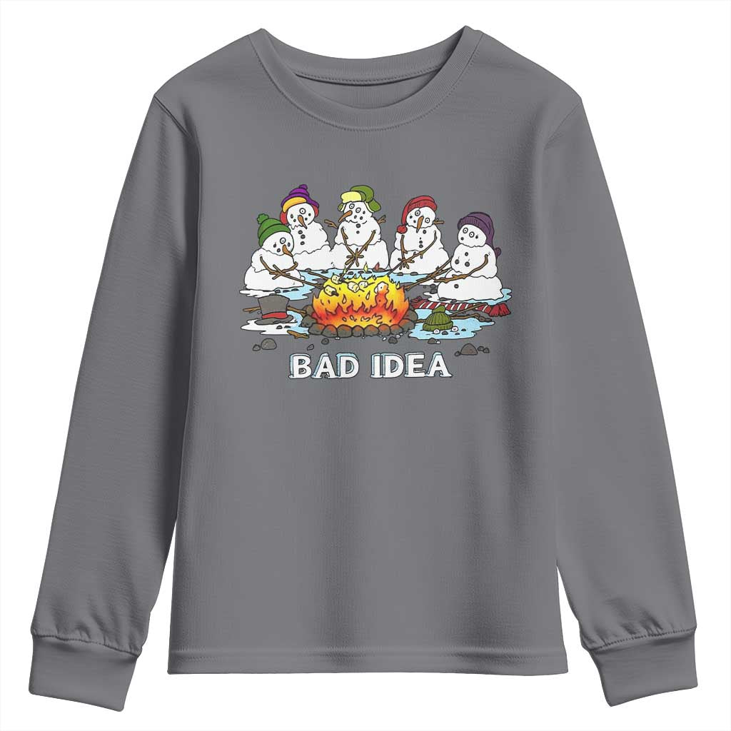 Christmas Snowman Campfire Youth Sweatshirt Bad Idea Melting Snowman Family Roasting Marshmallows - Wonder Print Shop