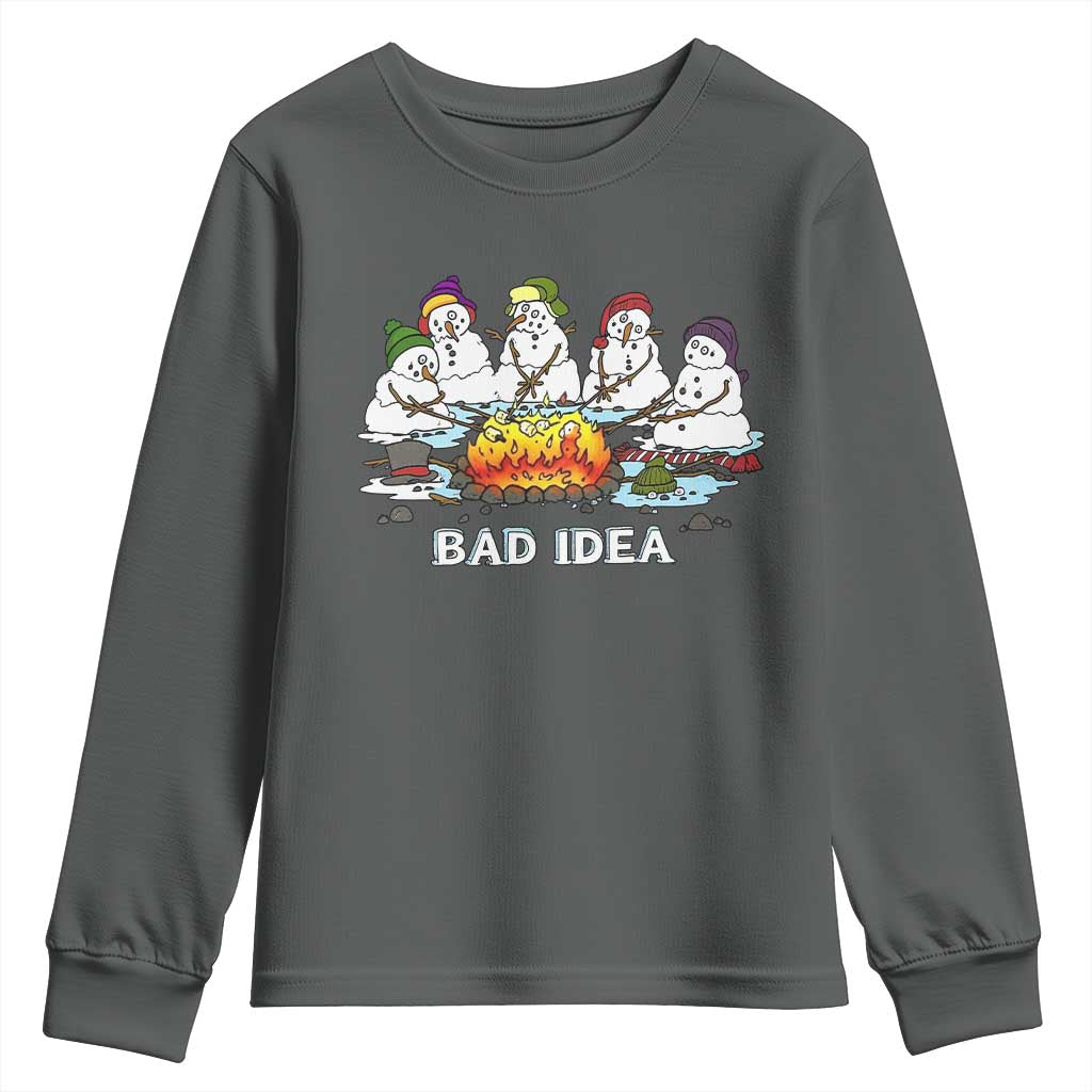 Christmas Snowman Campfire Youth Sweatshirt Bad Idea Melting Snowman Family Roasting Marshmallows - Wonder Print Shop