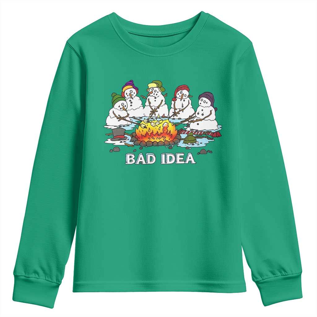 Christmas Snowman Campfire Youth Sweatshirt Bad Idea Melting Snowman Family Roasting Marshmallows - Wonder Print Shop