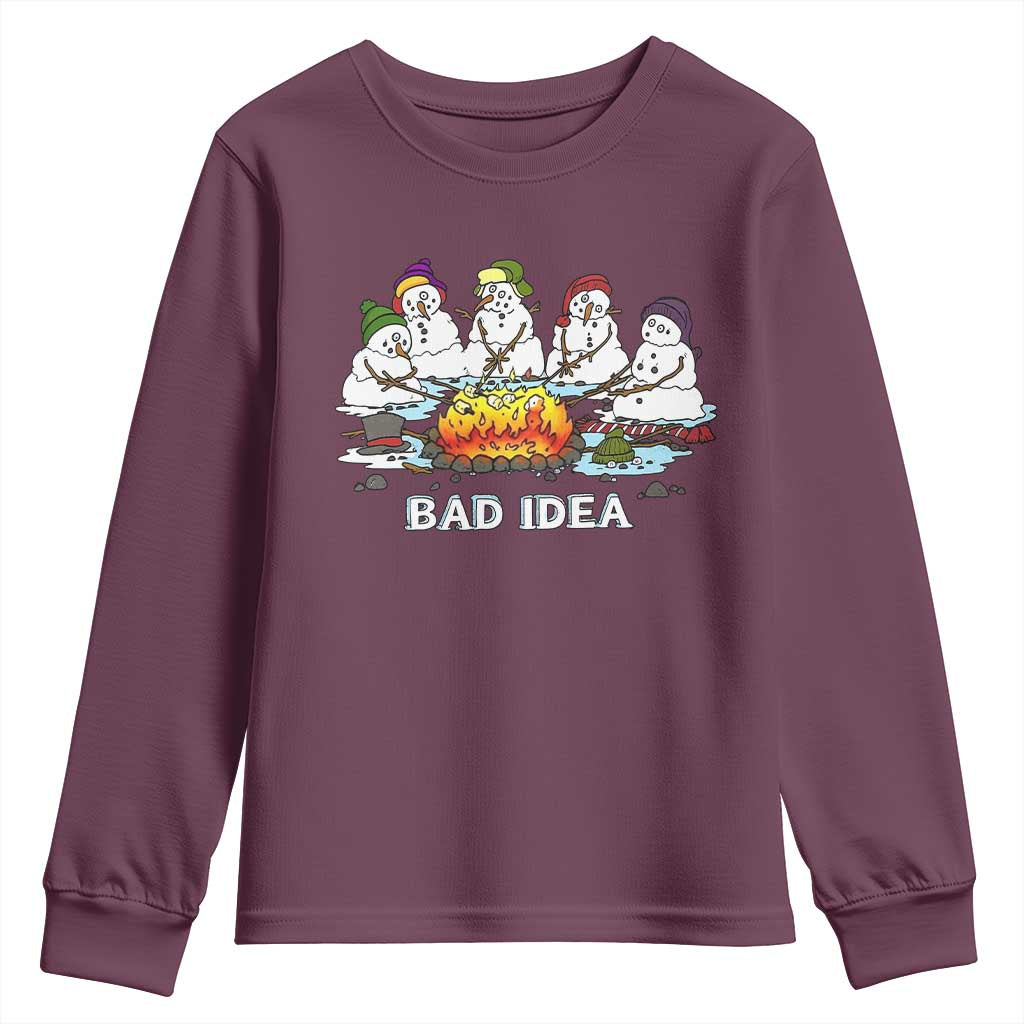 Christmas Snowman Campfire Youth Sweatshirt Bad Idea Melting Snowman Family Roasting Marshmallows - Wonder Print Shop
