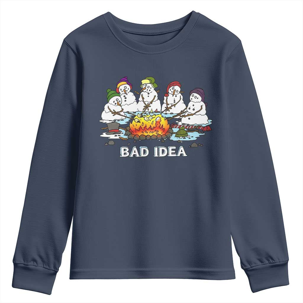 Christmas Snowman Campfire Youth Sweatshirt Bad Idea Melting Snowman Family Roasting Marshmallows - Wonder Print Shop