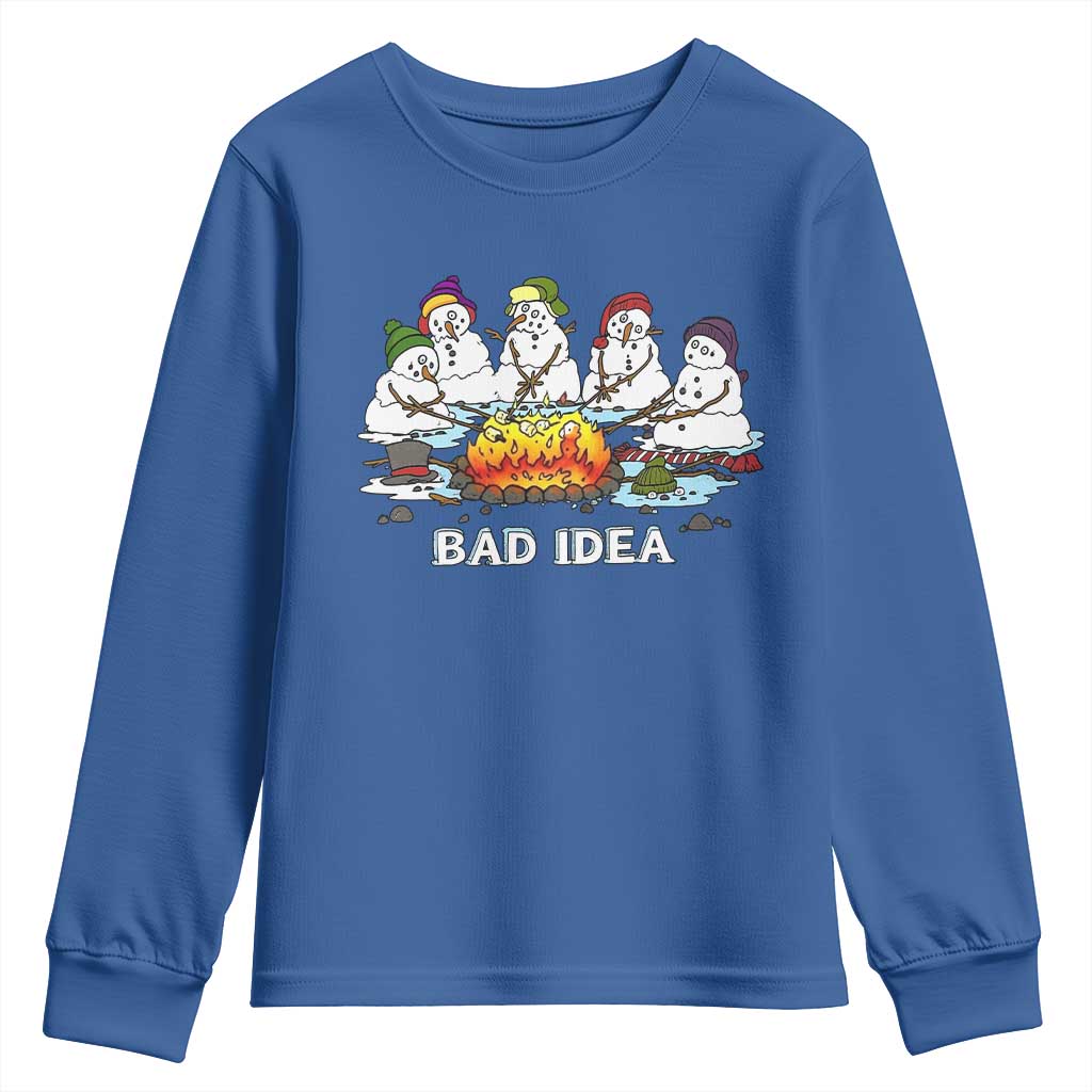 Christmas Snowman Campfire Youth Sweatshirt Bad Idea Melting Snowman Family Roasting Marshmallows - Wonder Print Shop