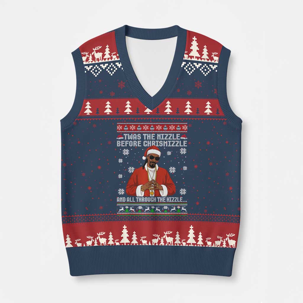 Funny Rapper Xmas V-Neck Knit Sweater Vest Gangsta Twas the Nizzle Before Chrismizzle Ugly Xmas - Wonder Print Shop
