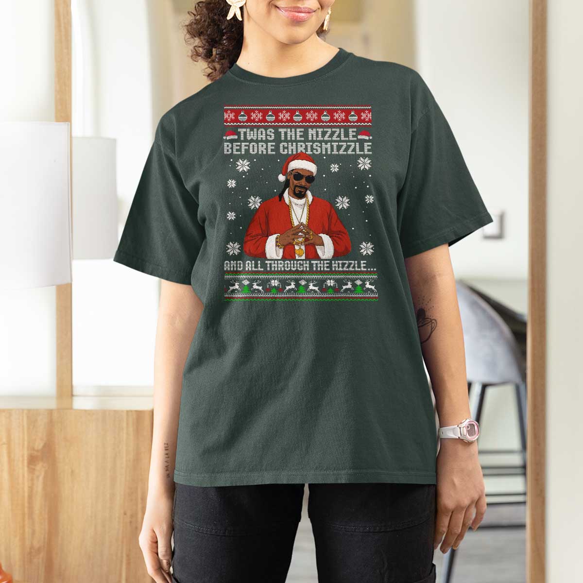 Funny Rapper Christmas T Shirt For Women Gangsta Twas the Nizzle Before Chrismizzle Ugly Xmas - Wonder Print Shop