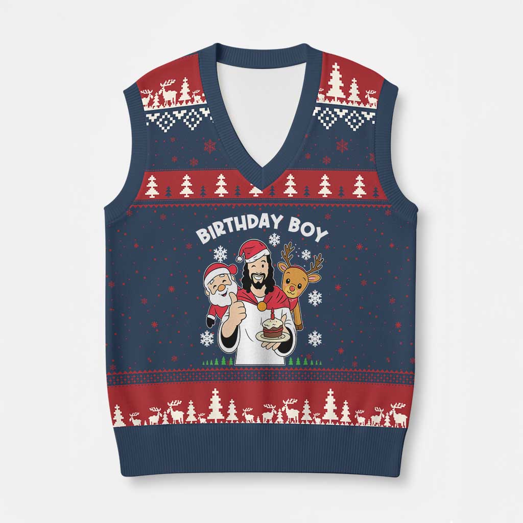 Birthday Boy Jesus Xmas V-Neck Knit Sweater Vest Christian Xmas - Wonder Print Shop