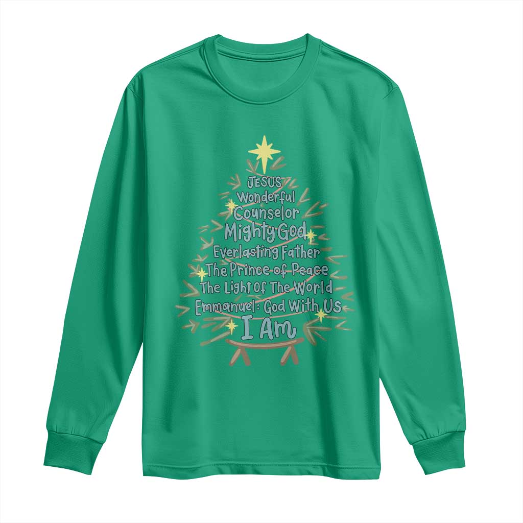 Jesus Names Christmas Tree Long Sleeve Shirt Christian Bible Verse Xmas - Wonder Print Shop