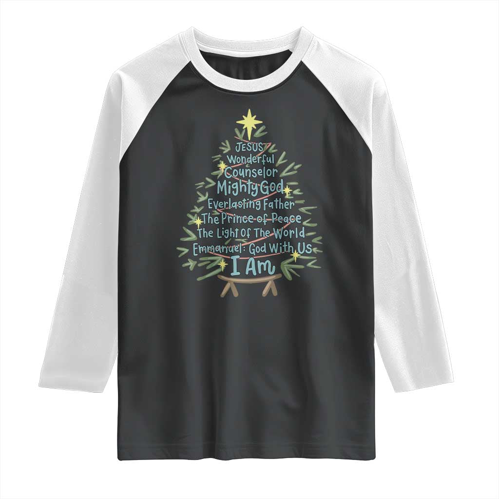 Jesus Names Christmas Tree Raglan Shirt Christian Bible Verse Xmas - Wonder Print Shop