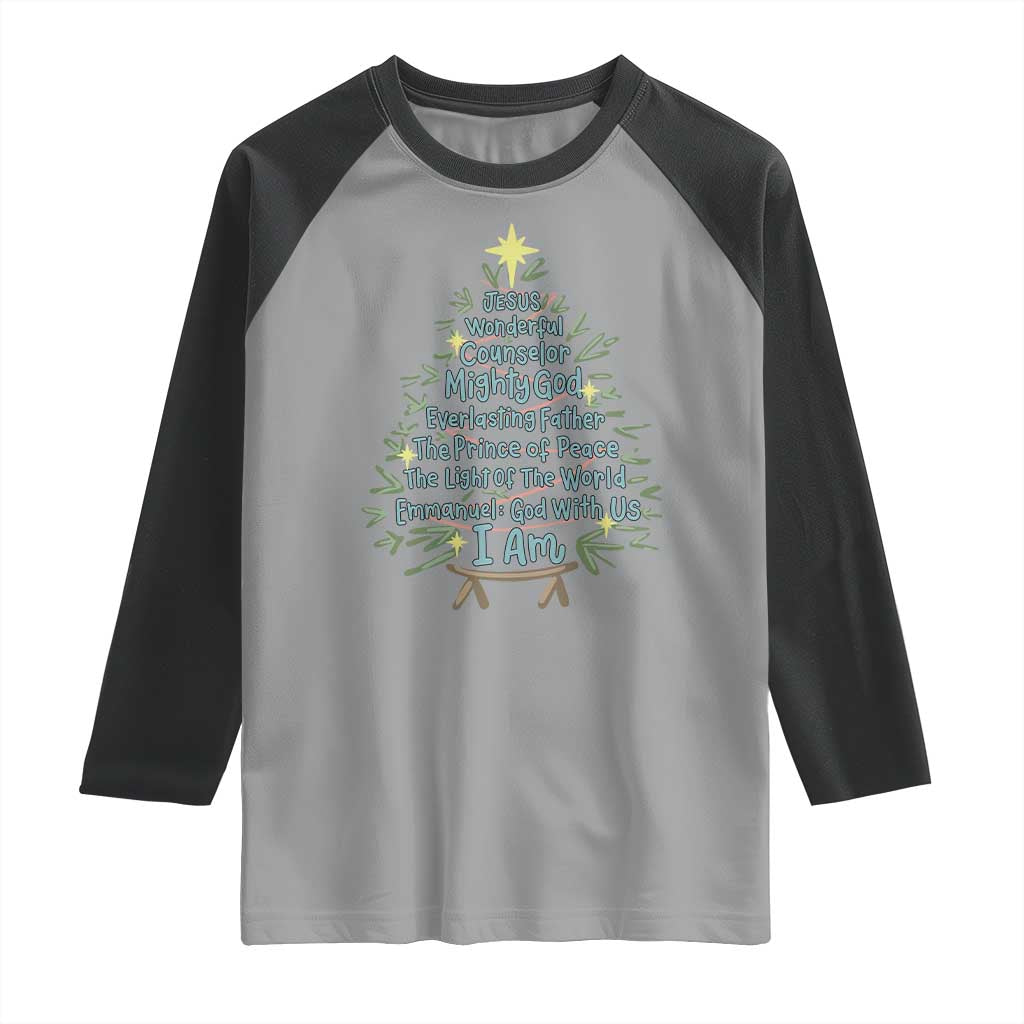 Jesus Names Christmas Tree Raglan Shirt Christian Bible Verse Xmas - Wonder Print Shop