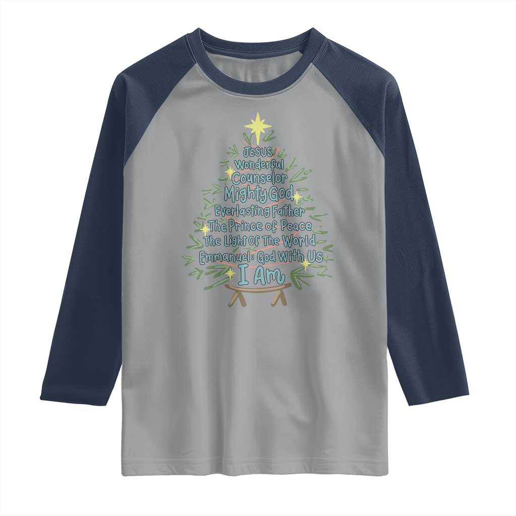Jesus Names Christmas Tree Raglan Shirt Christian Bible Verse Xmas - Wonder Print Shop