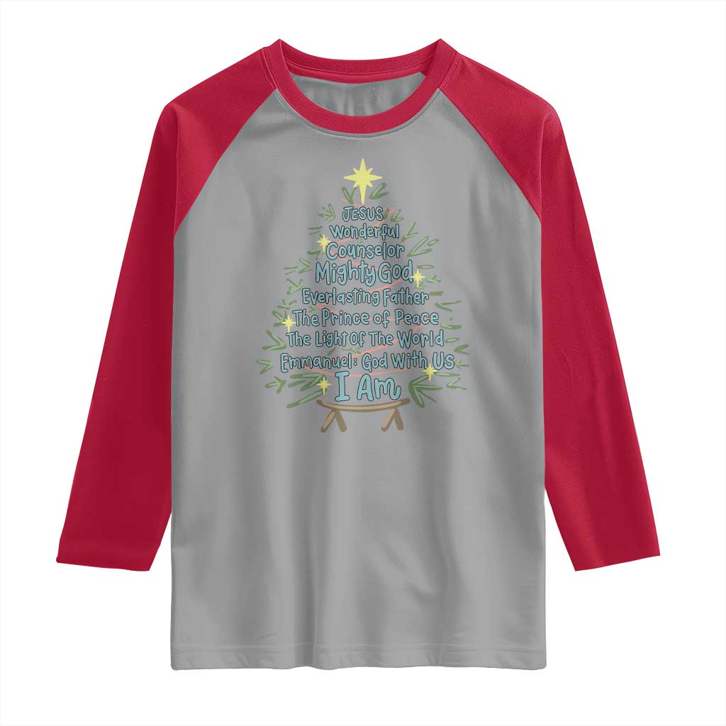 Jesus Names Christmas Tree Raglan Shirt Christian Bible Verse Xmas - Wonder Print Shop